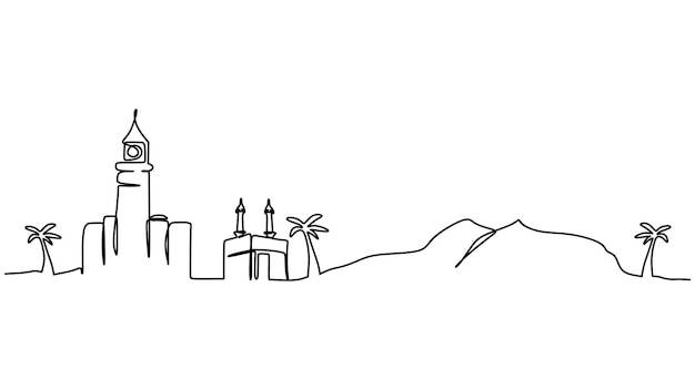Однолинейный рисунок мечети кааба и пустыни на белом фоне непрерывный однолинейный минимализм