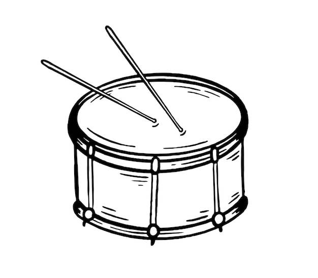 Барабан музыкальный инструмент в стиле ручной работы векторные черно-белые каракули