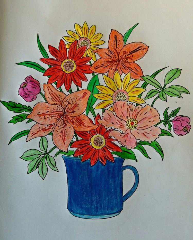 Букет цветов рисунок цветной в вазе