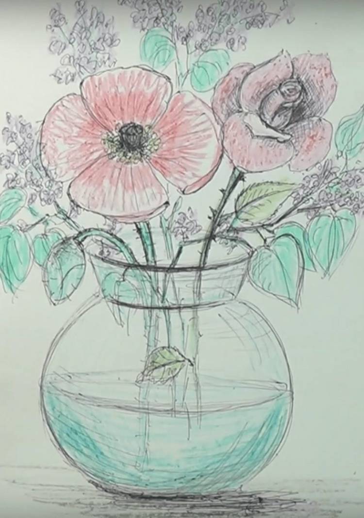 Натюрморт ваза с цветами цветными карандашами