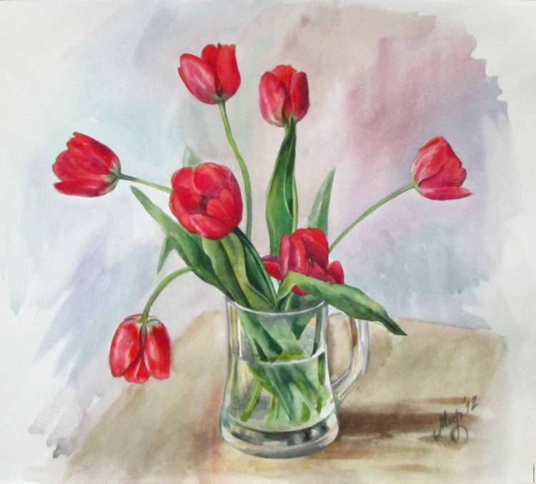 Тюльпаны рисунок красками в вазе