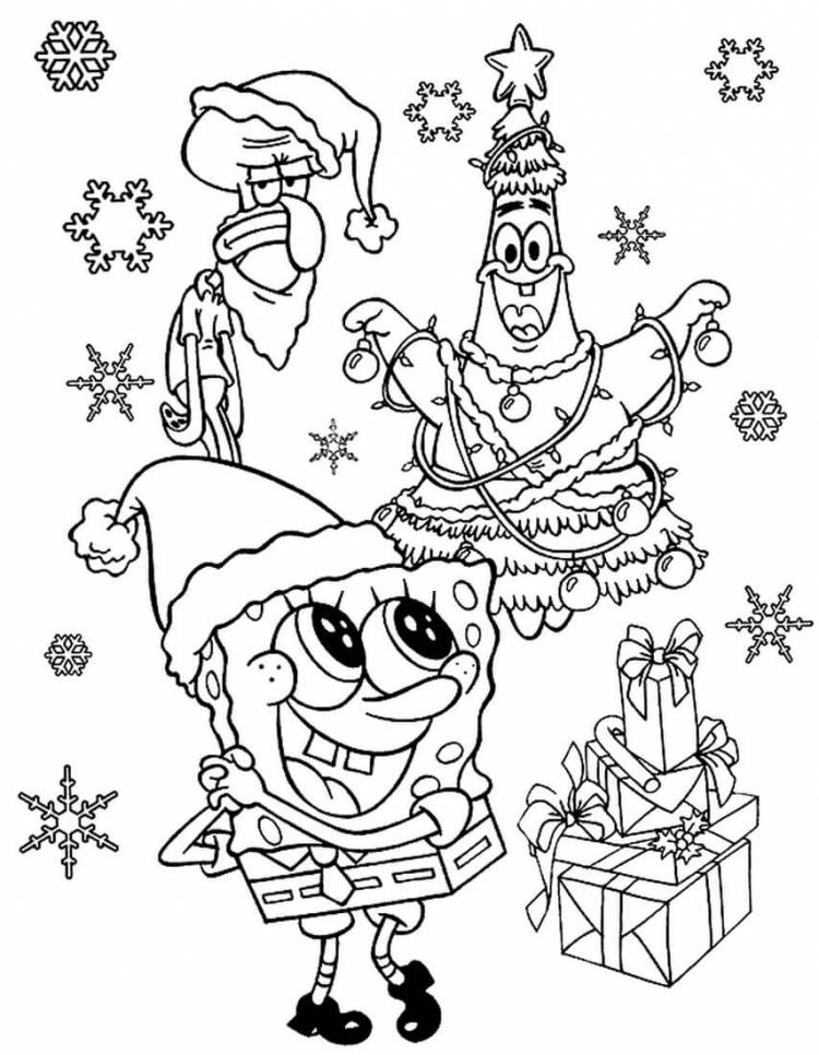 Раскраска «Губка Боб, Патрик, Сквидвард и Новый год»