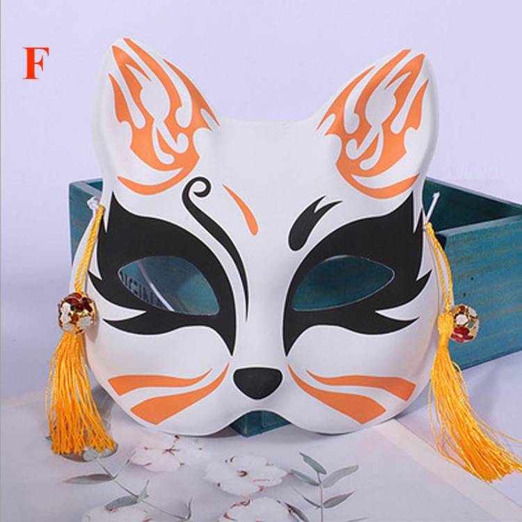 Японская маска лисы для вечеринок с кисточками и колокольчиками, ручная роспись Кицунэ, половина лица, косплей на Хэллоуин