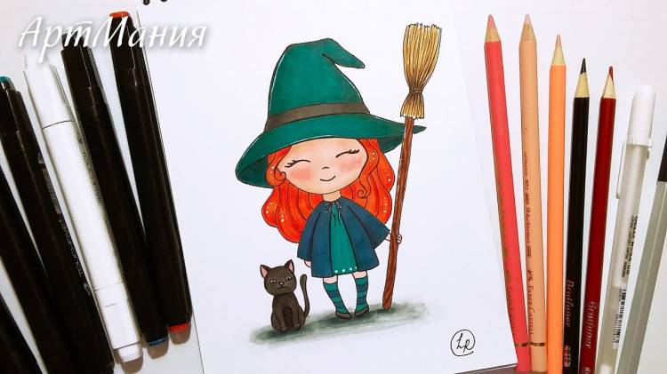 How to Draw a Cute Little Witch with a Broom and a Cat