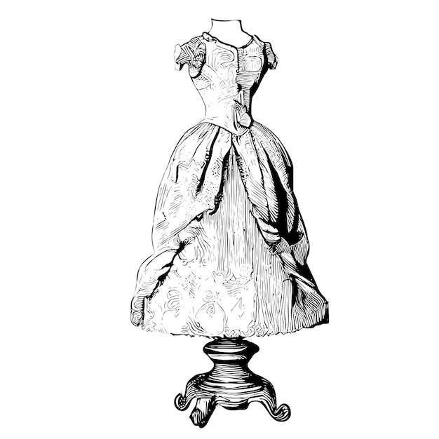 Ретро-платье на манекене, нарисованном вручную эскизом векторной иллюстрации