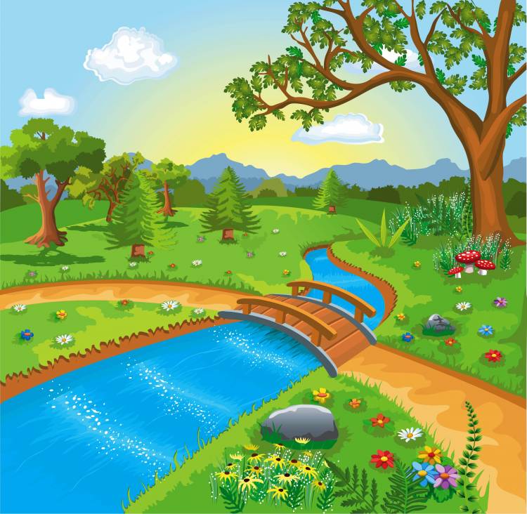 Детский рисунок лес и речка