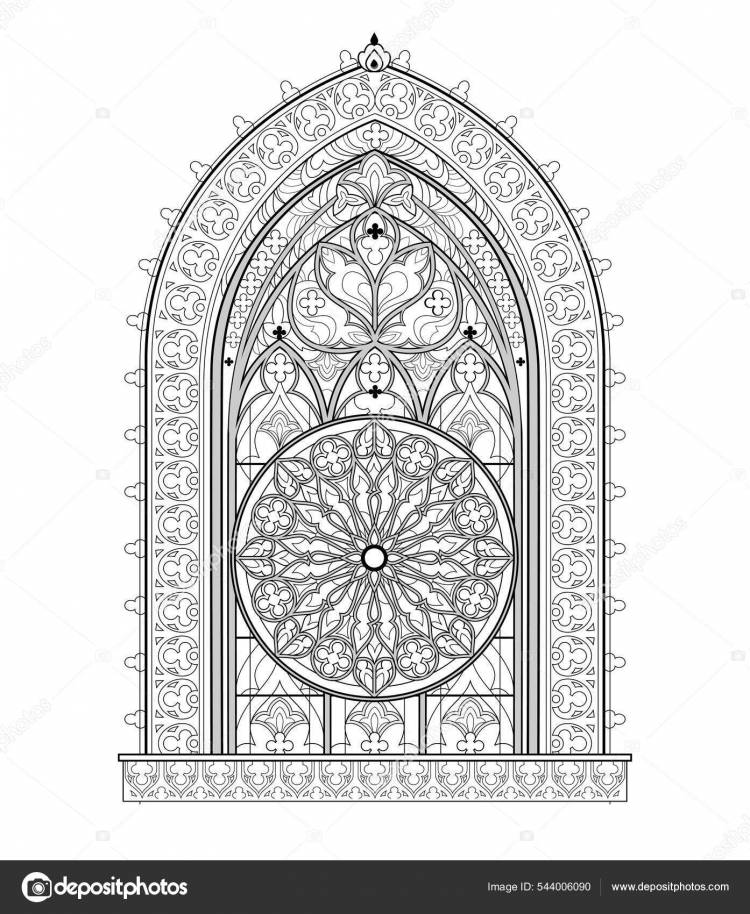 Красивое Готическое Витражное Окно Французской Церкви Розой Черно Белый Рисунок Векторное изображение ©Nataljacernecka