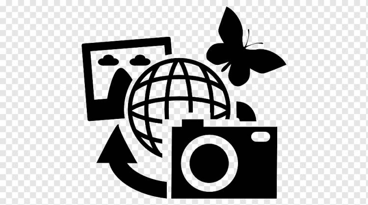камера с изображением земного шара, пакетный тур Путешествия Компьютерные иконки Туризм, достопримечательности, текст, логотип, монохромный png