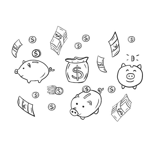Деньги и монеты каракули иллюстрация финансов и валюты рисунок в стиле эскиза копилка