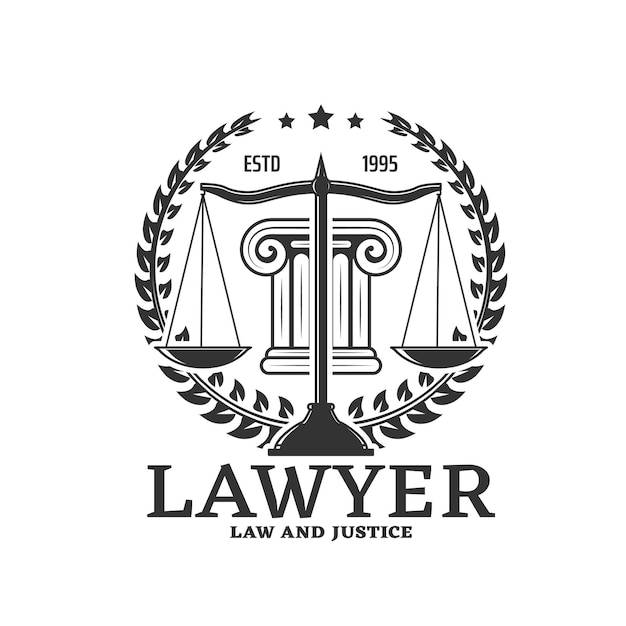 Значок юриста, весы правосудия и законодательства