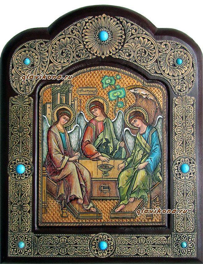 Троица, икона писанная на бересте с камнями