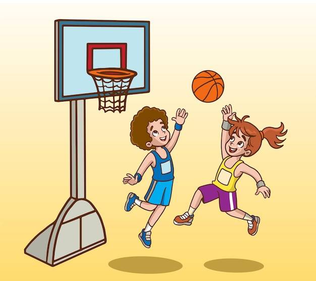 Дети играют в баскетбол векторная иллюстрация