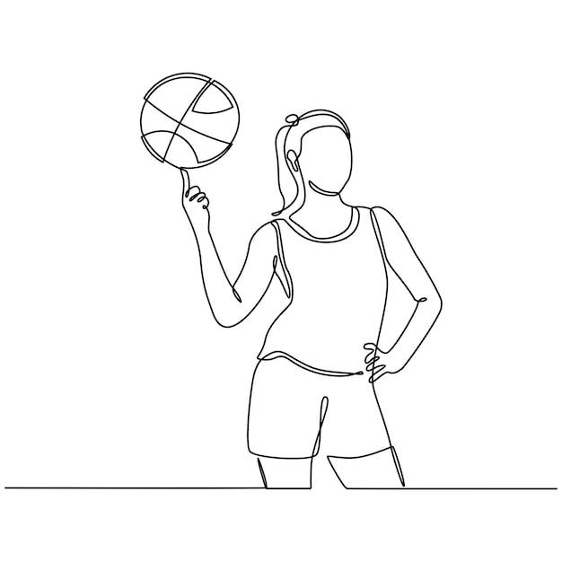 Непрерывный рисунок линии женского профессионального баскетболиста, изолированного с концепцией фитнеса с мячом