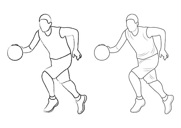 Ручной рисунок эскиз очертания силуэт фигуры спортсмен баскетболист игра в мяч баскетбол