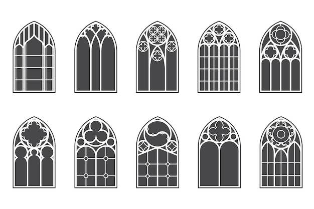 Средневековые окна церкви устанавливают элементы архитектуры в старом готическом стиле глиф на белом фоне