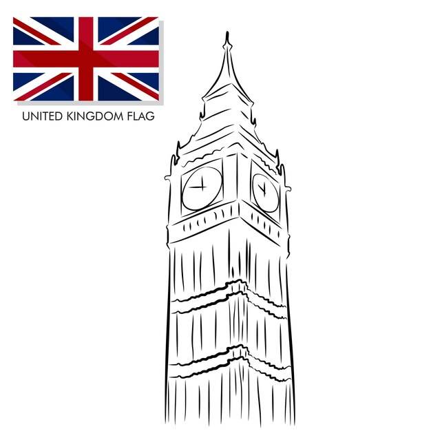Рисунок башни с часами биг бен с флагом вектора баннера национального дня соединенного королевства