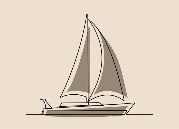 Непрерывный однолинейный рисунок парусной лодки, рыболовного спортивного корабля, векторная иллюстрация