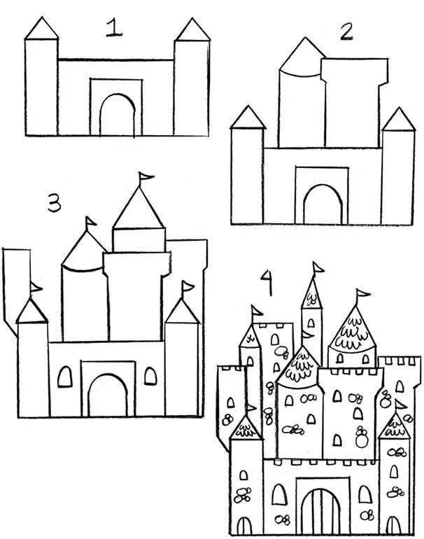 Как нарисовать замок, дворец карандашом поэтапно?