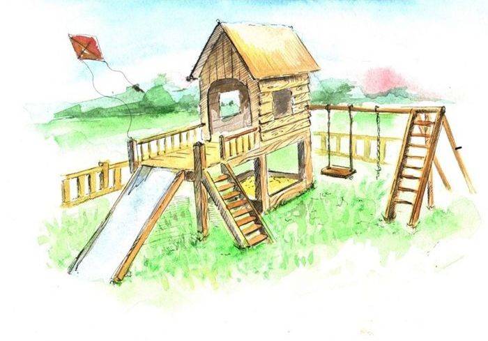 Детская площадка рисунок карандашами и красками