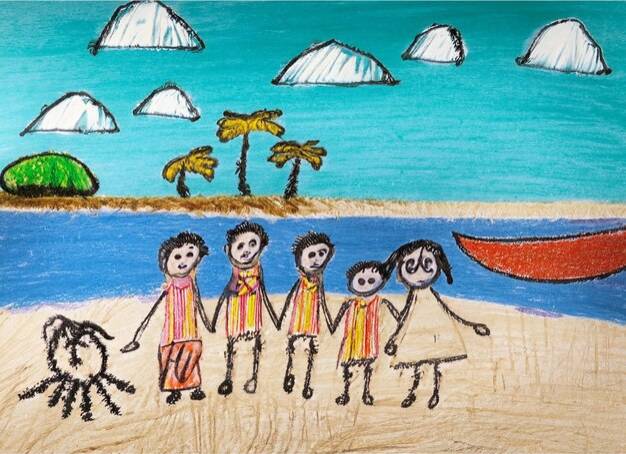 Красочный детский рисунок семьи на пляже летом