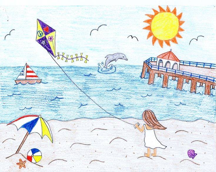 Рисунки пляжа и моря карандашом 