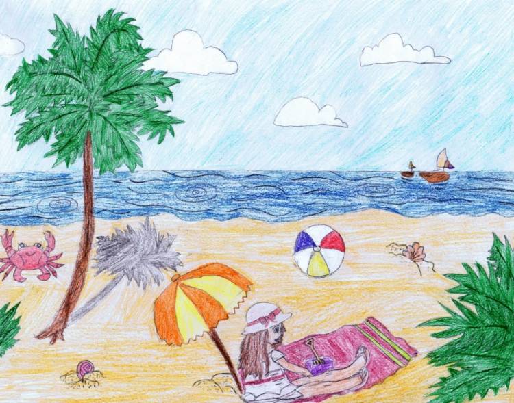 Рисунок пляжа и моря карандашом
