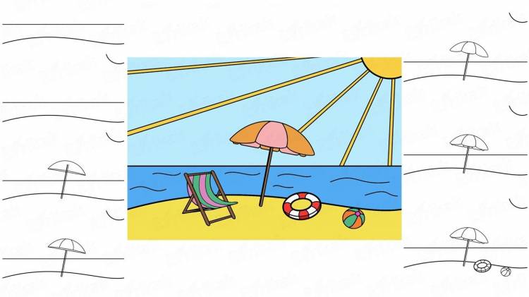 Поэтапная срисовка фломастерами летний пляж с шезлонгом, кругом и мячом