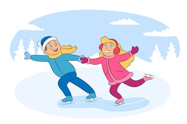 Маленькая девочка и мальчик катаются на коньках, веселые дети в теплой одежде героев мультфильмов