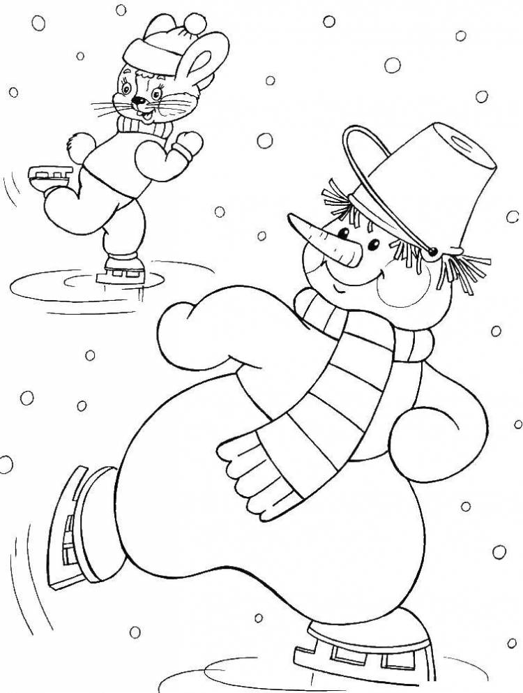 Раскраски Раскраска Зайчик и снеговичек на коньках снеговик, Раскраски детские