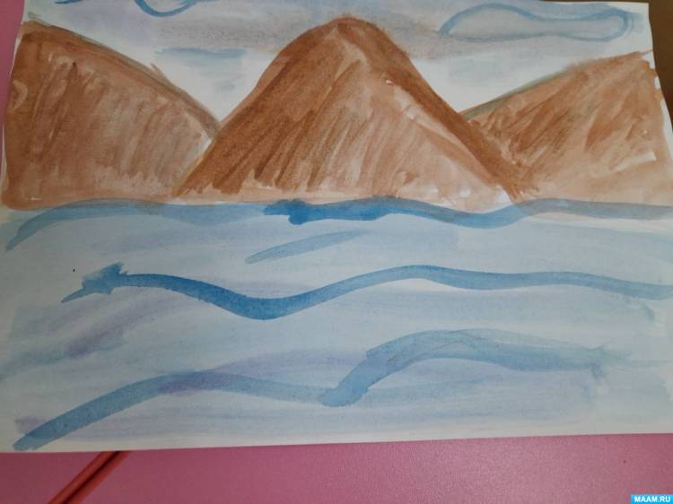 Фотоотчет о рисовании «Море и горы» для детей младшей группы 