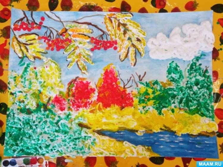 Коллективная работа по рисованию с использованием пены для бритья «Осенний пейзаж» с детьми