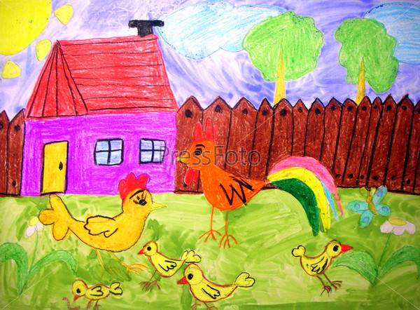 Фотография на тему Детский рисунок В деревне, цветные карандаши