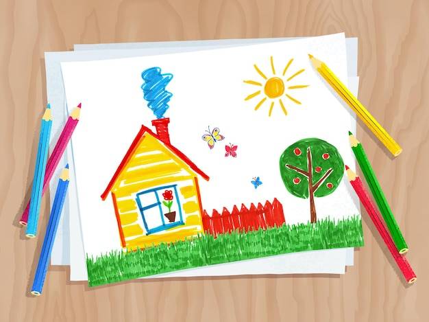 Детский рисунок дома и дерева на белой бумаге на фоне деревянного стола карандашами