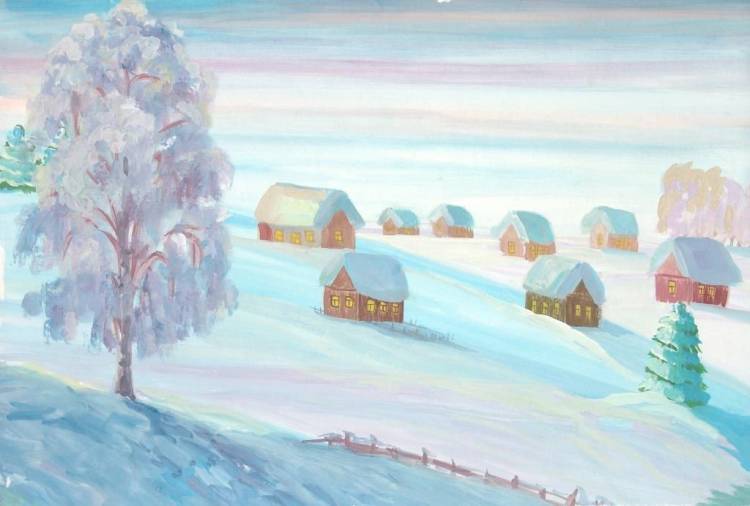 Зима в деревне детский рисунок 