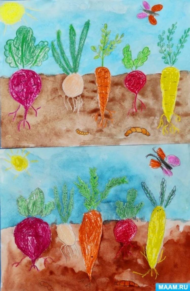 Мастер-класс по рисованию восковыми мелками и акварелью «Овощи на грядке» для детей старшего дошкольного возраста 