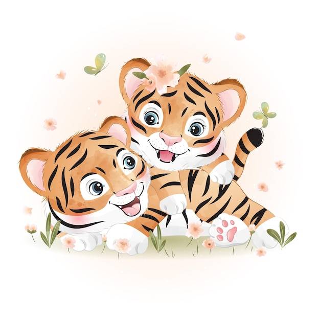 Милый рисунок тигра с акварельной иллюстрацией