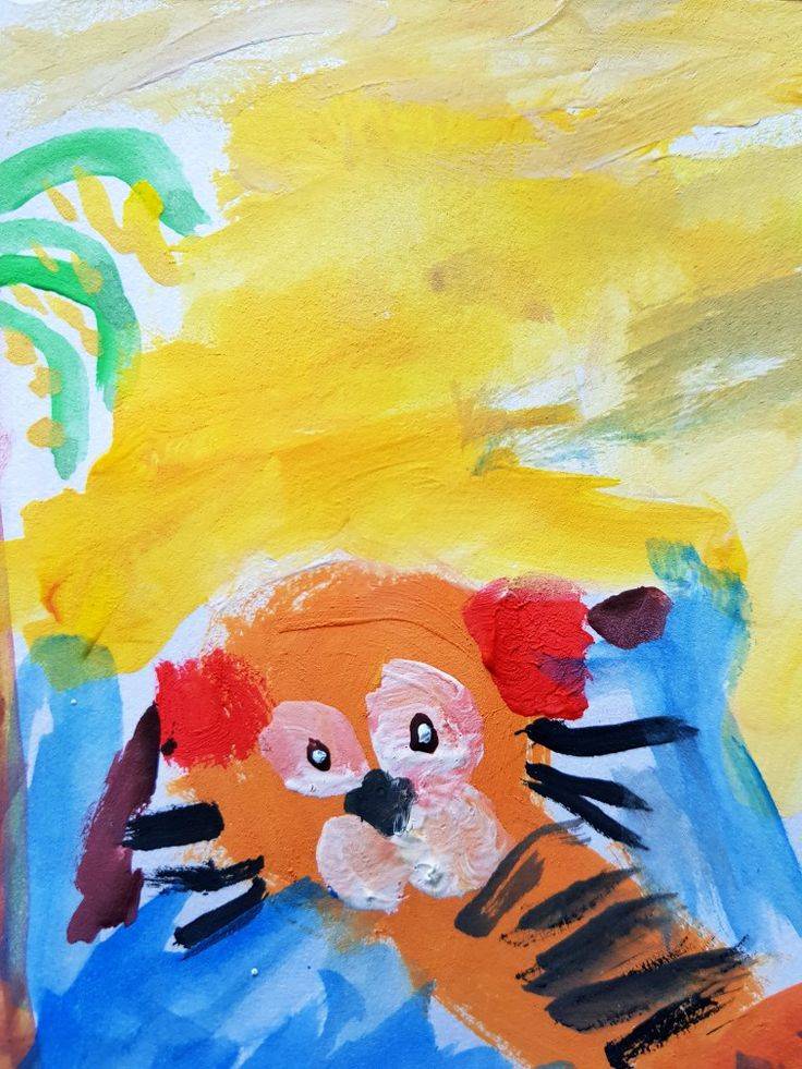 Тигр детский рисунок красками фрагмент в