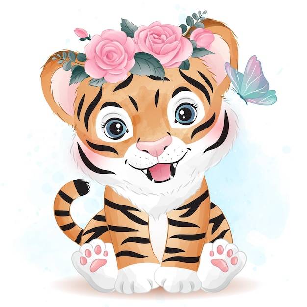 Милый рисунок тигра с акварельной иллюстрацией