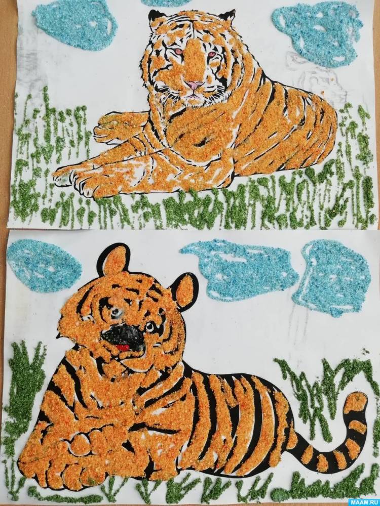 Детский мастер-класс по рисованию манной крупой «Тигр» 