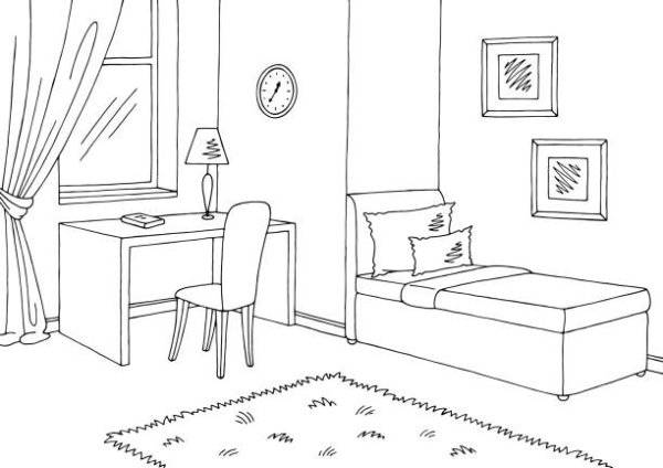 Рисунок карандашом комнаты с мебелью для детей 