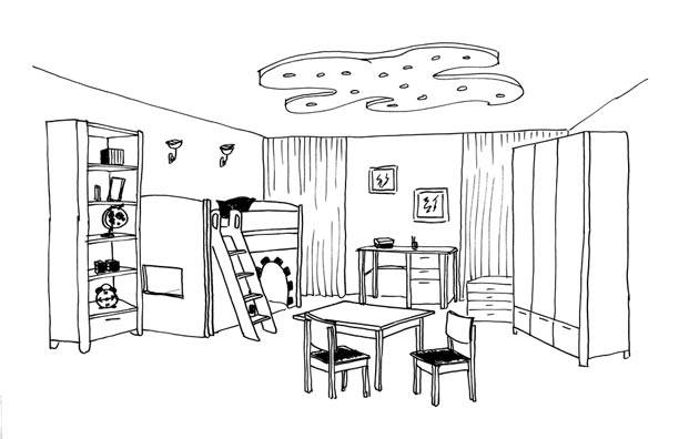 Рисунки детской комнаты карандашом с мебелью и текстилем