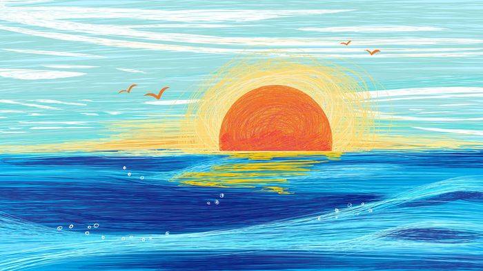 Детские рисунки с изображением рассвета и восходом Солнца