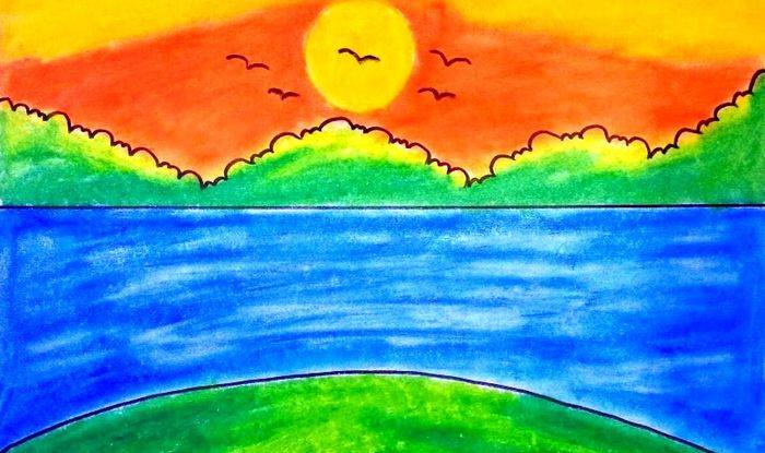 Детские рисунки с изображением рассвета и восходом Солнца