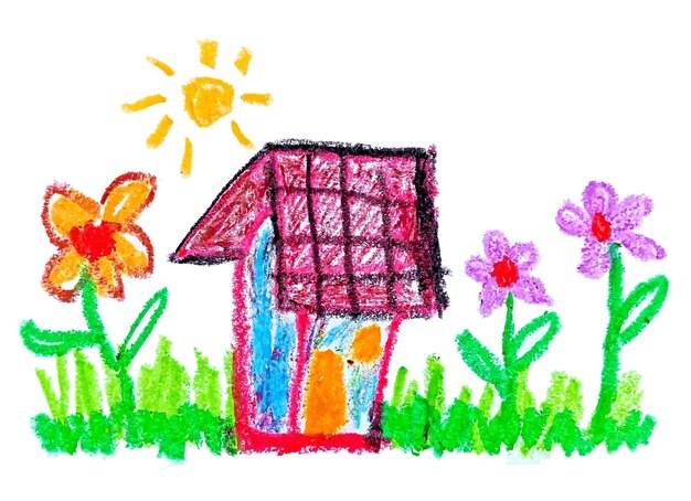 Милый детский рисунок карандашом иллюстрации дома с цветком в солнечный день
