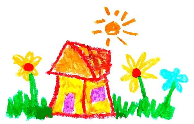 Милый детский рисунок карандашом иллюстрации дома с цветком в солнечный день