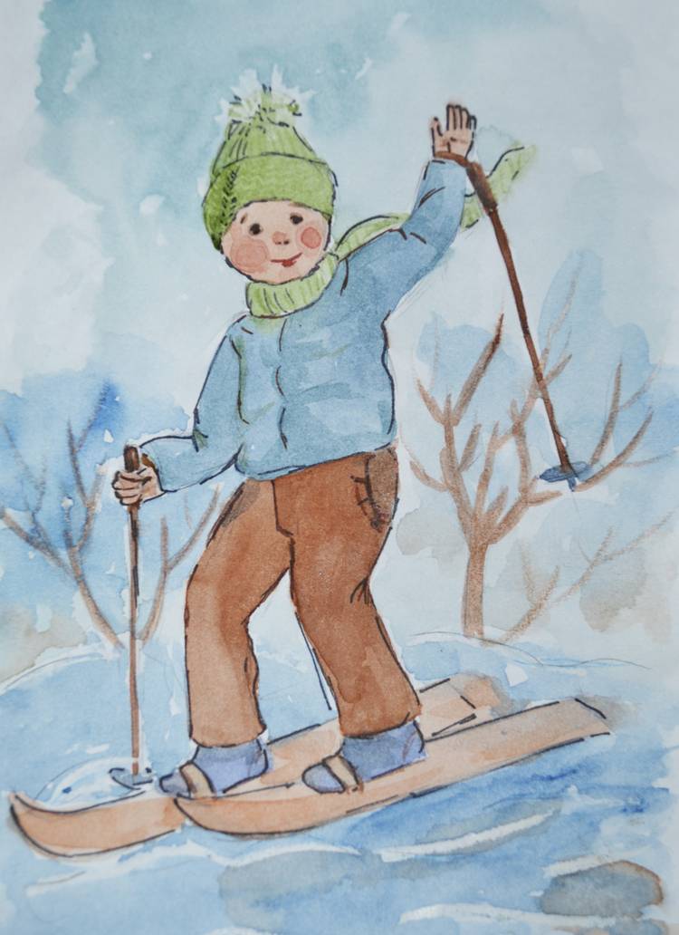 Иллюстрация лыжник в стиле детский