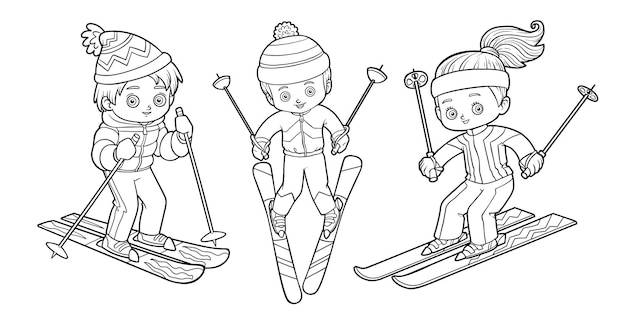 Раскраска для детей, набор лыжников