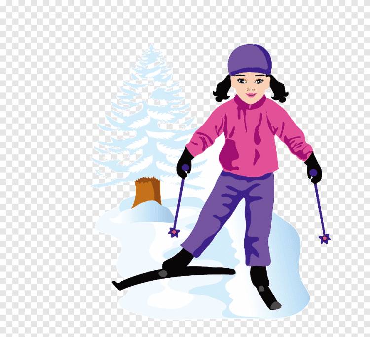 Зимние Олимпийские игры Зимний спорт, Мультипликационная девушка на лыжах, мультипликационный персонаж, фиолетовый png