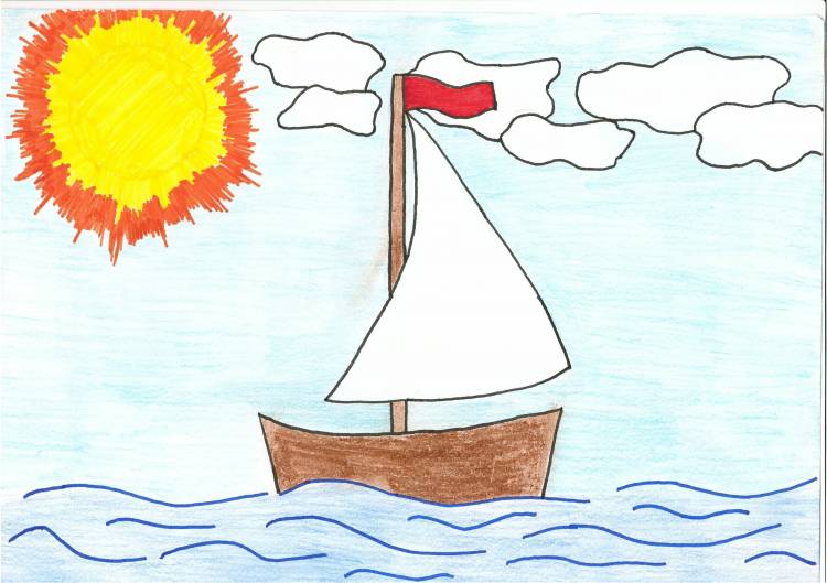 Детский рисунок корабль в море 