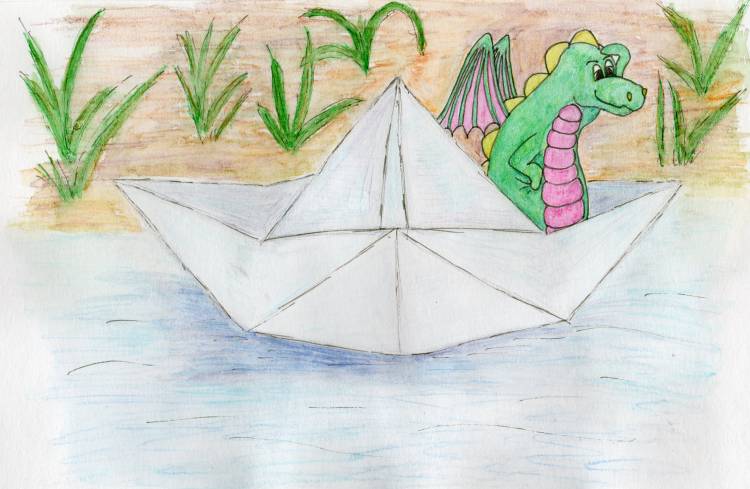Иллюстрация Бумажный кораблик в весеннем ручье в стиле детский